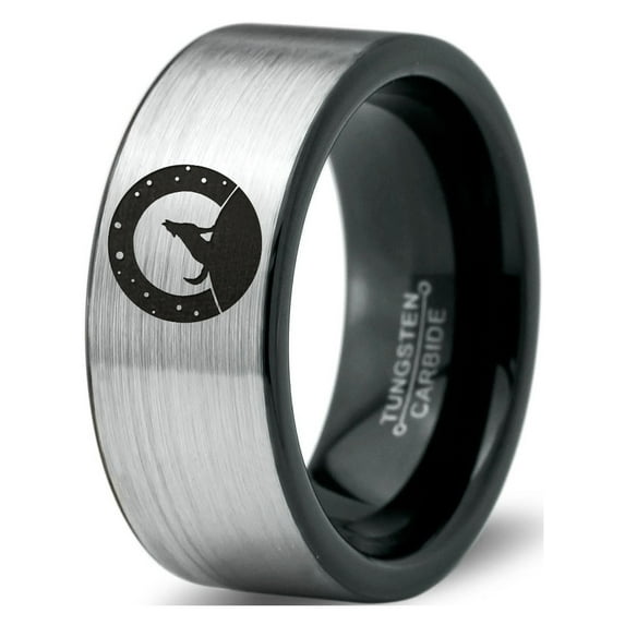 Tungsten Howling WolfBand Ring 8mm Men Women Comfort Fit Brushed Gray Flat Cut Black Polished