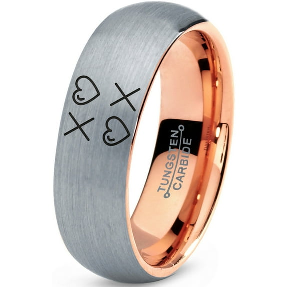 Tungsten Hugs Kisses XOXO Hearts Love Band Ring 7mm Men Women Comfort Fit 18k Rose Gold Dome Brushed Gray Polished