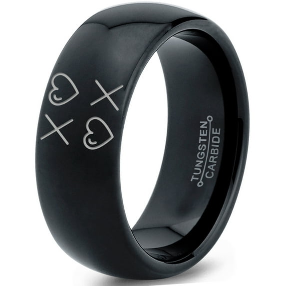 Tungsten Hugs Kisses XOXO Hearts Love Band Ring 8mm Men Women Comfort Fit Black Dome Polished