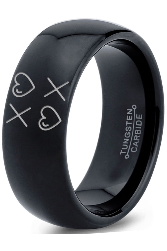 Tungsten Hugs Kisses XOXO Hearts Love Band Ring 8mm Men Women Comfort Fit Black Dome Polished
