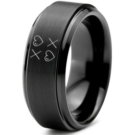 Tungsten Hugs Kisses XOXO Hearts Love Band Ring 8mm Men Women Comfort Fit Black Step Bevel Edge Brushed Polished