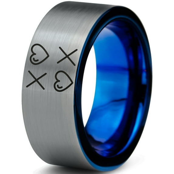 Tungsten Hugs Kisses XOXO Hearts Love Band Ring 8mm Men Women Comfort Fit Blue Flat Cut Brushed Gray Polished