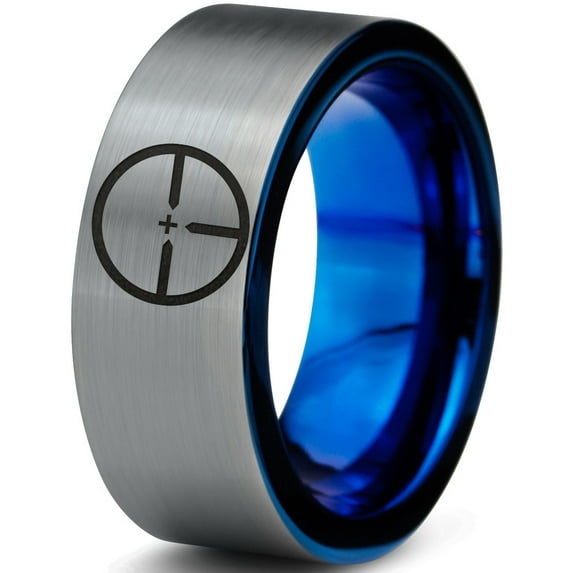 Tungsten Hunting Aiming Scope Band Ring 8mm Men Women Comfort Fit Blue Flat Cut Brushed Gray Polished