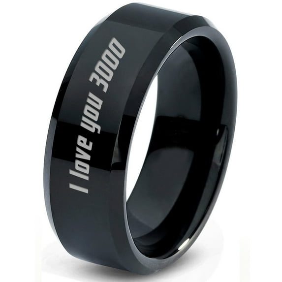 Tungsten I Love You 3000 Engraved Quote Band Ring 8mm Men Women Comfort Fit Black Beveled Edge Polished