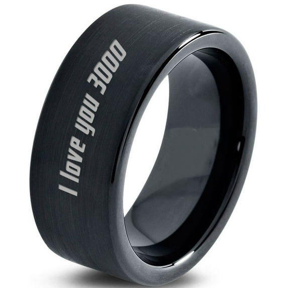 Tungsten I Love You 3000 Engraved Quote Band Ring 9mm Men Women Comfort Fit Black Flat Cut Brushed Polished
