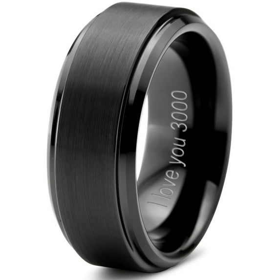 Tungsten I Love You 3000 Quote Engraved Band Ring 8mm Men Women Comfort Fit Black Step Bevel Edge Brushed Polished