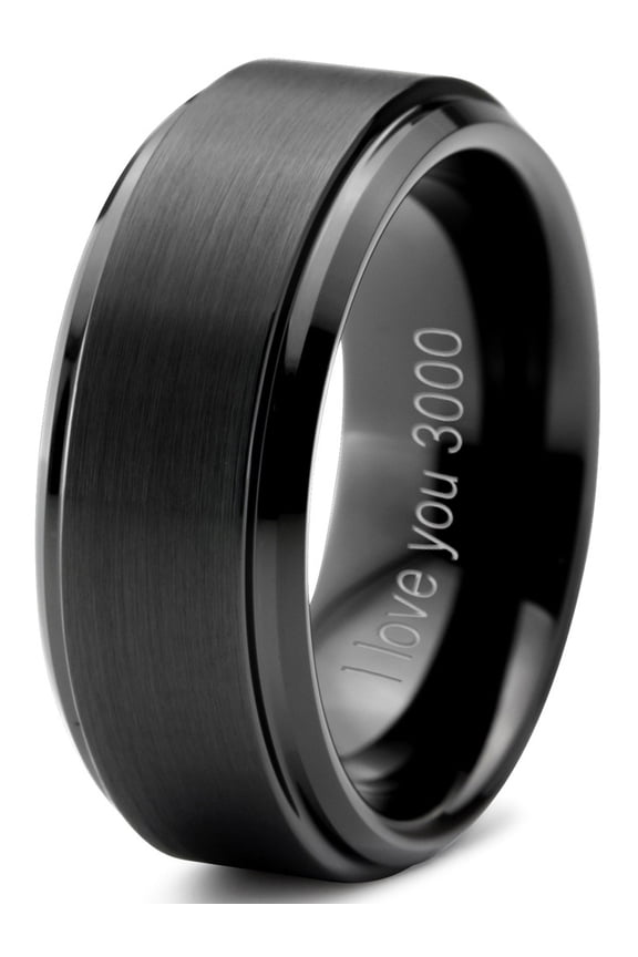 Tungsten I Love You 3000 Quote Engraved Band Ring 8mm Men Women Comfort Fit Black Step Bevel Edge Brushed Polished