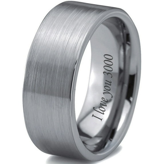 Tungsten I Love You 3000 Quote Engraved Band Ring 8mm Men Women Comfort Fit Gray Flat Cut Brushed Polished