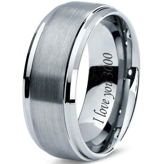 Tungsten I Love You 3000 Quote Engraved Band Ring 8mm Men Women Comfort Fit Gray Step Bevel Edge Brushed Polished