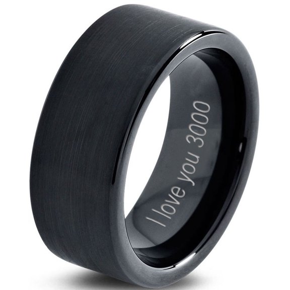 Tungsten I Love You 3000 Quote Engraved Band Ring 9mm Men Women Comfort Fit Black Flat Cut Brushed Polished