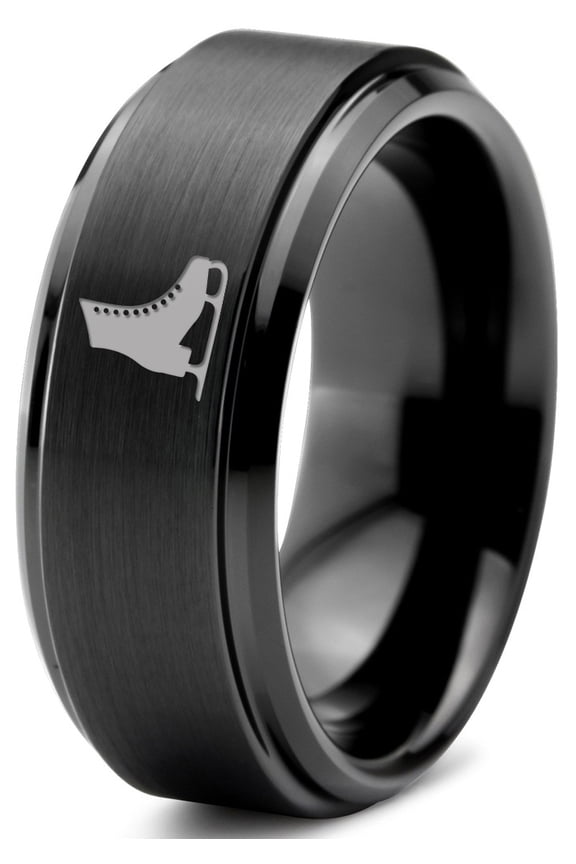 Tungsten Ice Figure Skating Hockey Skate Band Ring 8mm Men Women Comfort Fit Black Step Bevel Edge Brushed Polished