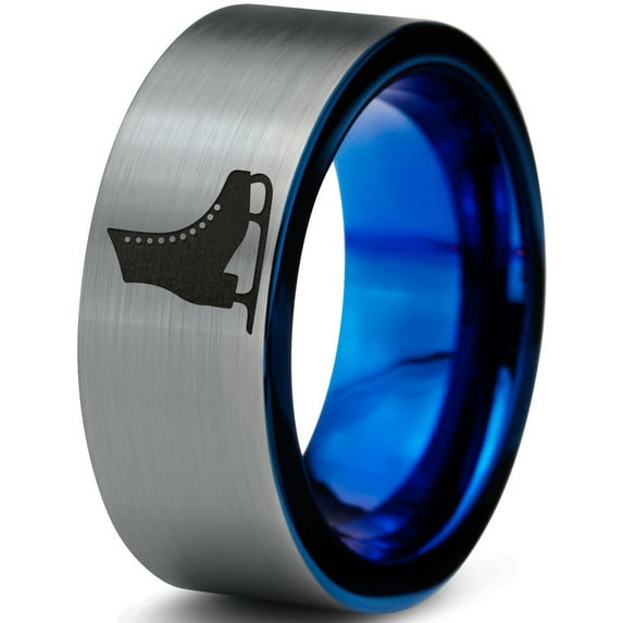 Tungsten Ice Figure Skating Hockey Skate Band Ring 8mm Men Women Comfort Fit Blue Flat Cut Brushed Gray Polished
