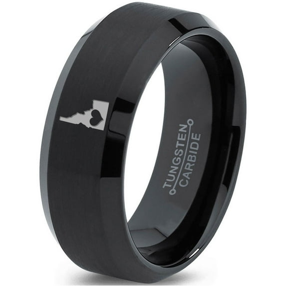 Tungsten Idaho The Gem State Heart Band Ring 8mm Men Women Comfort Fit Black Beveled Edge Brushed Polished