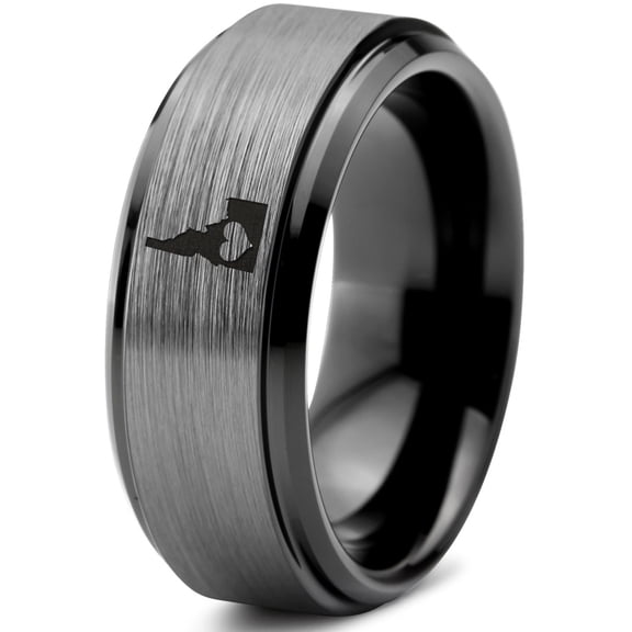 Tungsten Idaho The Gem State Heart Band Ring 8mm Men Women Comfort Fit Black Step Bevel Edge Brushed Gray Polished