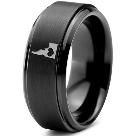 Tungsten Idaho The Gem State Heart Band Ring 8mm Men Women Comfort Fit Black Step Bevel Edge Brushed Polished