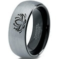 thumbnail image 1 of Tungsten Indian Lotus Nelumbo Nucifera Sacred Flower Band Ring 8mm Men Women Comfort Fit Black Dome Brushed Gray Polished, 1 of 4