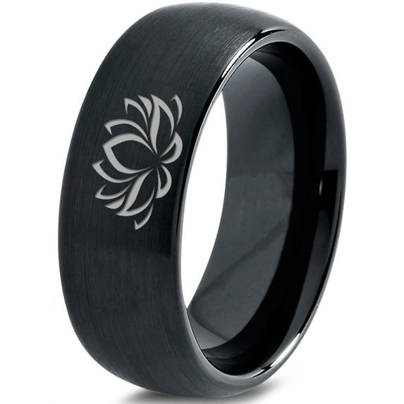 Tungsten Indian Lotus Nelumbo Nucifera Sacred Flower Band Ring 8mm Men Women Comfort Fit Black Dome Brushed Polished