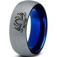 thumbnail image 1 of Tungsten Indian Lotus Nelumbo Nucifera Sacred Flower Band Ring 8mm Men Women Comfort Fit Blue Dome Brushed Gray Polished, 1 of 4
