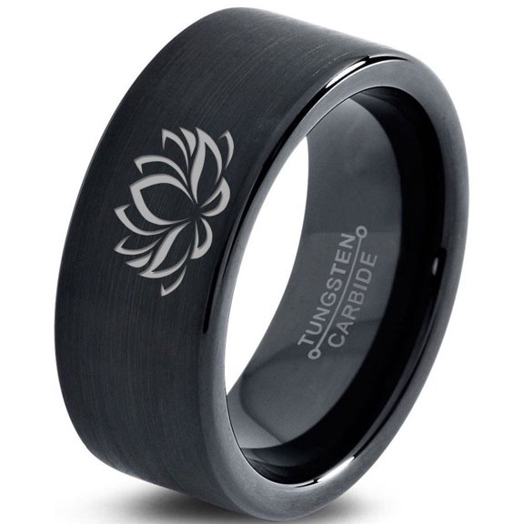 Tungsten Indian Lotus Nelumbo Nucifera Sacred Flower Band Ring 9mm Men Women Comfort Fit Black Flat Cut Brushed Polished