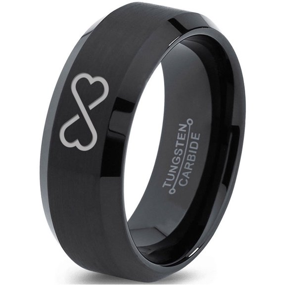 Tungsten Infinity Heart Shaped Emoji Art Band Ring 8mm Men Women Comfort Fit Black Beveled Edge Brushed Polished