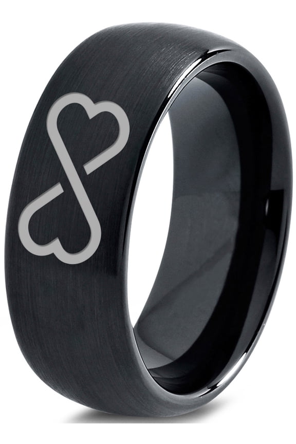 Tungsten Infinity Heart Shaped Emoji Art Band Ring 8mm Men Women Comfort Fit Black Dome Brushed Polished
