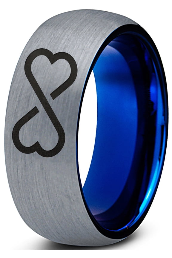 Tungsten Infinity Heart Shaped Emoji Art Band Ring 8mm Men Women Comfort Fit Blue Dome Brushed Gray Polished