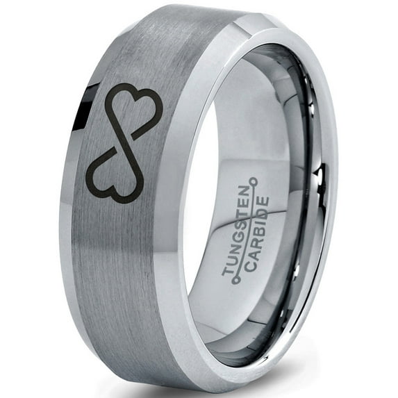 Tungsten Infinity Heart Shaped Emoji Art Band Ring 8mm Men Women Comfort Fit Gray Bevel Edge Brushed Polished