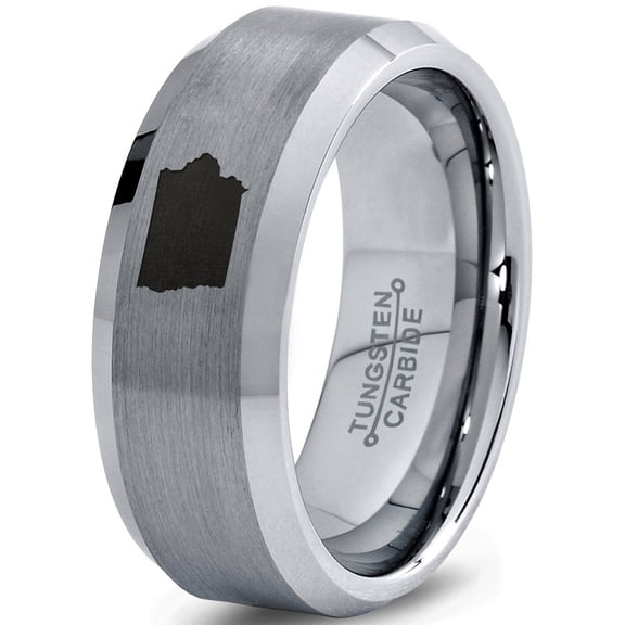Tungsten Iowa Hawkeye State Band Ring 8mm Men Women Comfort Fit Gray Step Bevel Edge Brushed Polished