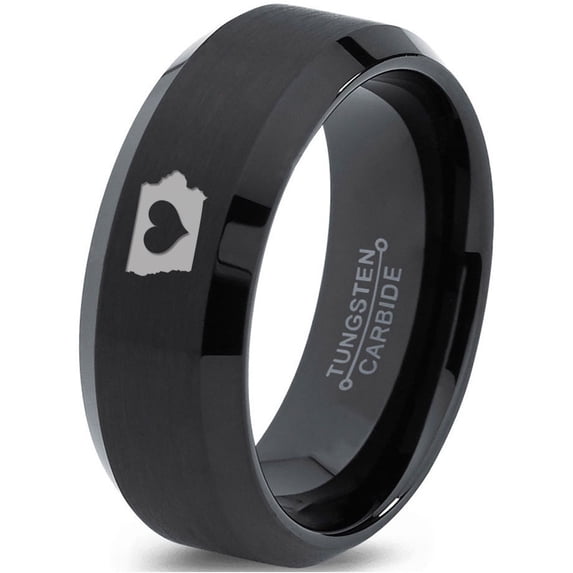 Tungsten Iowa Hawkeye State Heart Band Ring 8mm Men Women Comfort Fit Black Beveled Edge Brushed Polished