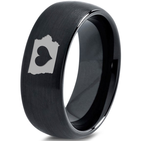 Tungsten Iowa Hawkeye State Heart Band Ring 8mm Men Women Comfort Fit Black Dome Brushed Polished