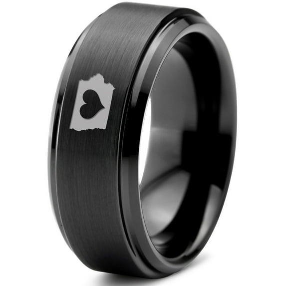 Tungsten Iowa Hawkeye State Heart Band Ring 8mm Men Women Comfort Fit Black Step Bevel Edge Brushed Polished