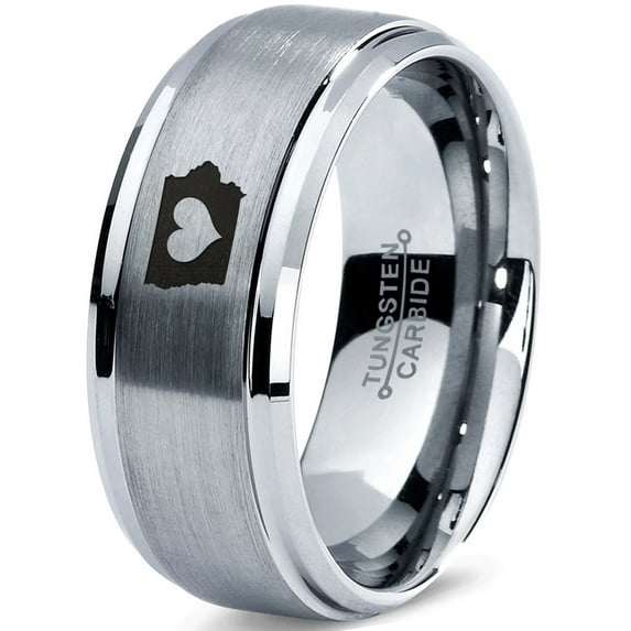 Tungsten Iowa Hawkeye State Heart Band Ring 8mm Men Women Comfort Fit Gray Step Bevel Edge Brushed Polished