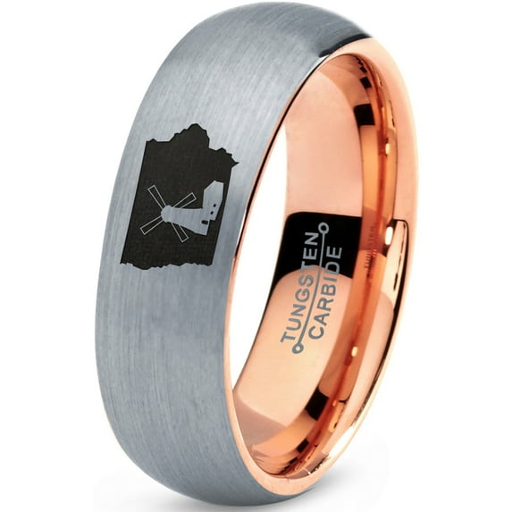 Tungsten Iowa Hawkeye State Windmill Band Ring 7mm Men Women Comfort Fit 18k Rose Gold Dome Brushed Gray Polished