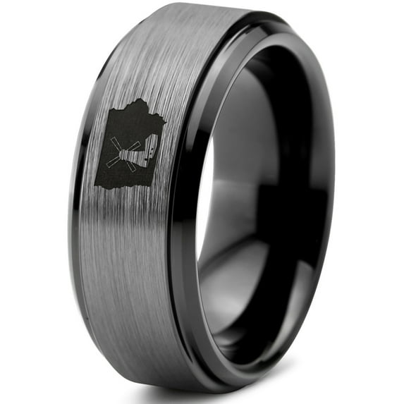 Tungsten Iowa Hawkeye State Windmill Band Ring 8mm Men Women Comfort Fit Black Step Bevel Edge Brushed Gray Polished