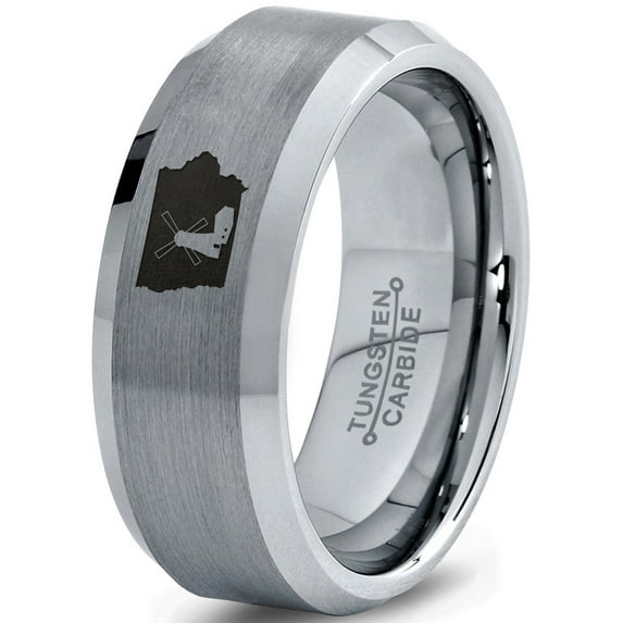 Tungsten Iowa Hawkeye State Windmill Band Ring 8mm Men Women Comfort Fit Gray Step Bevel Edge Brushed Polished