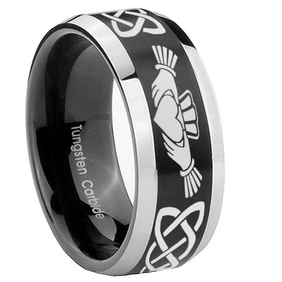 Tungsten Irish Claddagh 8mm Brushed Black 2 Tone Beveled Edges Men Ring