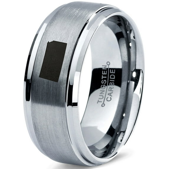 Tungsten Kansas Sunflower State Band Ring 8mm Men Women Comfort Fit Gray Step Bevel Edge Brushed Polished