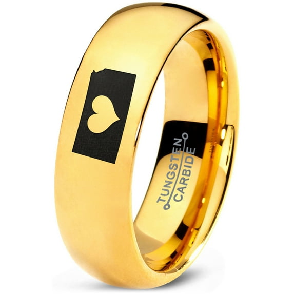 Tungsten Kansas Sunflower State Heart Band Ring 7mm Men Women Comfort Fit 18k Yellow Gold Dome Polished