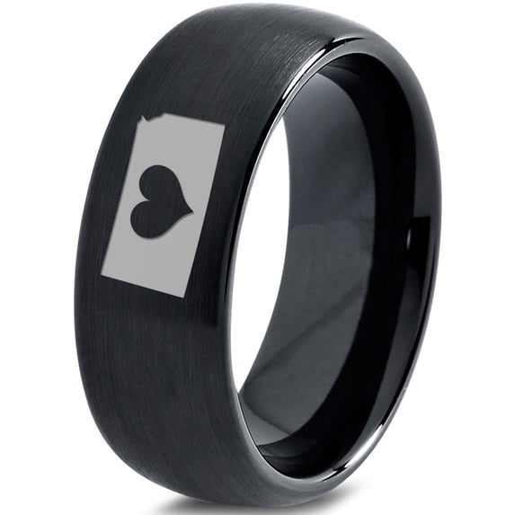 Tungsten Kansas Sunflower State Heart Band Ring 8mm Men Women Comfort Fit Black Dome Brushed Polished