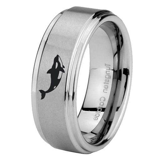 Tungsten Keller Whale 8mm Brushed Gray Step Edges Men Ring