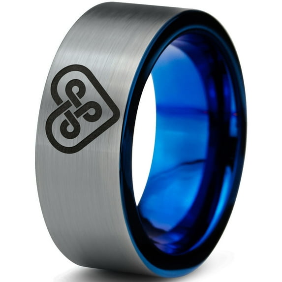 Tungsten Keltic Celtic Knot Heart Shape Band Ring 8mm Men Women Comfort Fit Blue Flat Cut Brushed Gray Polished