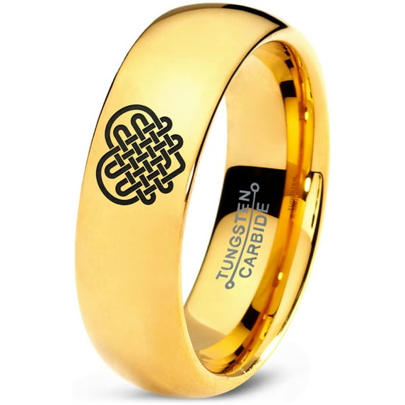 Tungsten Keltic Celtic Many Knots Heart Shape Band Ring 7mm Men Women Comfort Fit 18k Yellow Gold Dome Polished