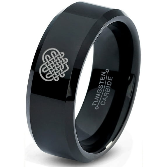 Tungsten Keltic Celtic Many Knots Heart Shape Band Ring 8mm Men Women Comfort Fit Black Beveled Edge Polished