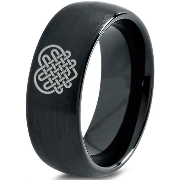 Tungsten Keltic Celtic Many Knots Heart Shape Band Ring 8mm Men Women Comfort Fit Black Dome Brushed Polished