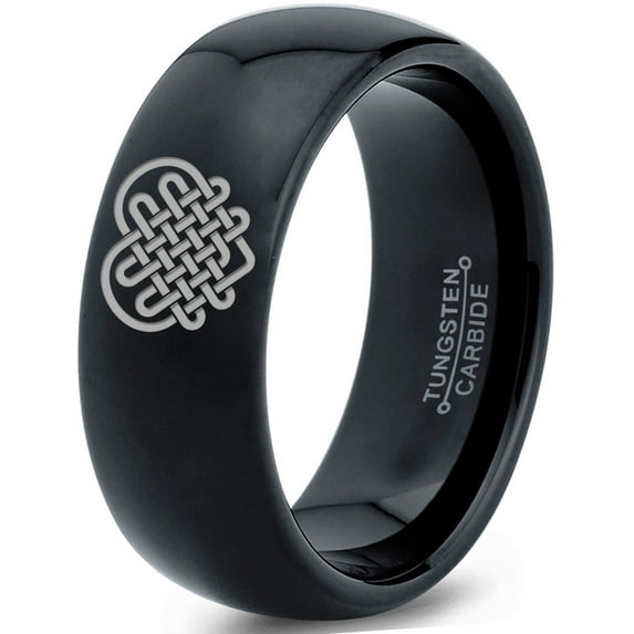 Tungsten Keltic Celtic Many Knots Heart Shape Band Ring 8mm Men Women Comfort Fit Black Dome Polished