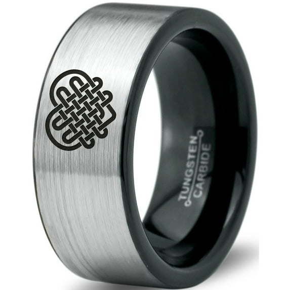 Tungsten Keltic Celtic Many Knots Heart Shape Band Ring 8mm Men Women Comfort Fit Brushed Gray Flat Cut Black Polished