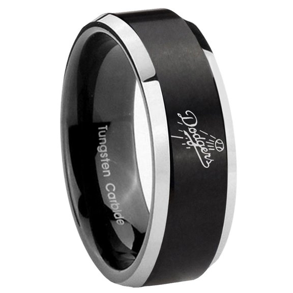 Tungsten LA Dogers MLB Baseball 8mm Black 2 Tone Beveled Edges Men's Ring