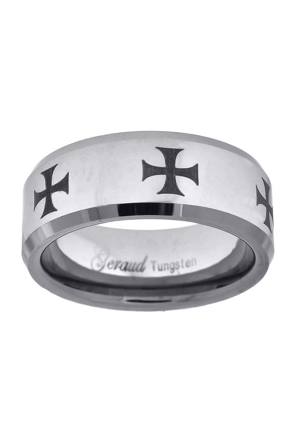 Tungsten Laser Engraved Black Knight Cross Beveled Edges Mens Comfort-fit 8mm Size-8.5 Bridal Anniversary Engagement Wedding Band