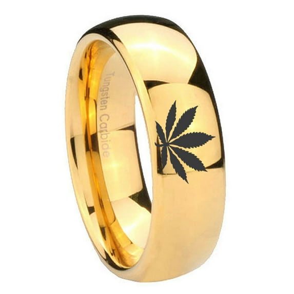 Tungsten Leaf 8mm Glossy 18K Yellow Gold Dome Polished Men Ring