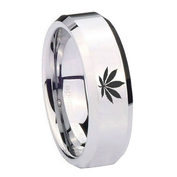 Tungsten Leaf 8mm Glossy Gray Polished Beveled Edges Men Ring